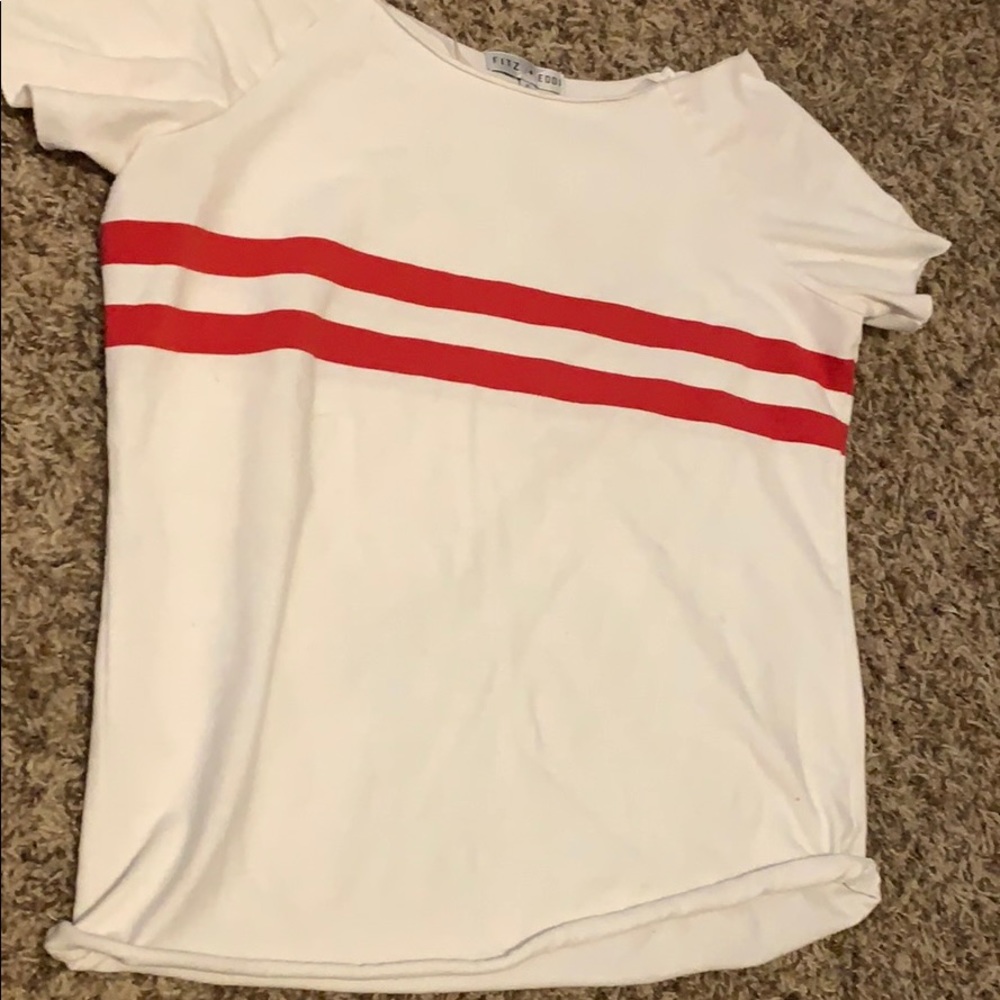 Comfy Tee with two red horizontal stripes on it